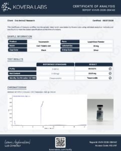 Tesamorelin COA 20mg (Kovera Labs, Lot EAZ-TSM20-001)